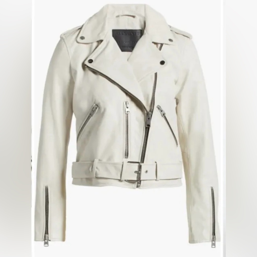 All Saints Balfern Moto Leather Jacket Pampus White Biker Hipster Sz U2 4 UK NEW